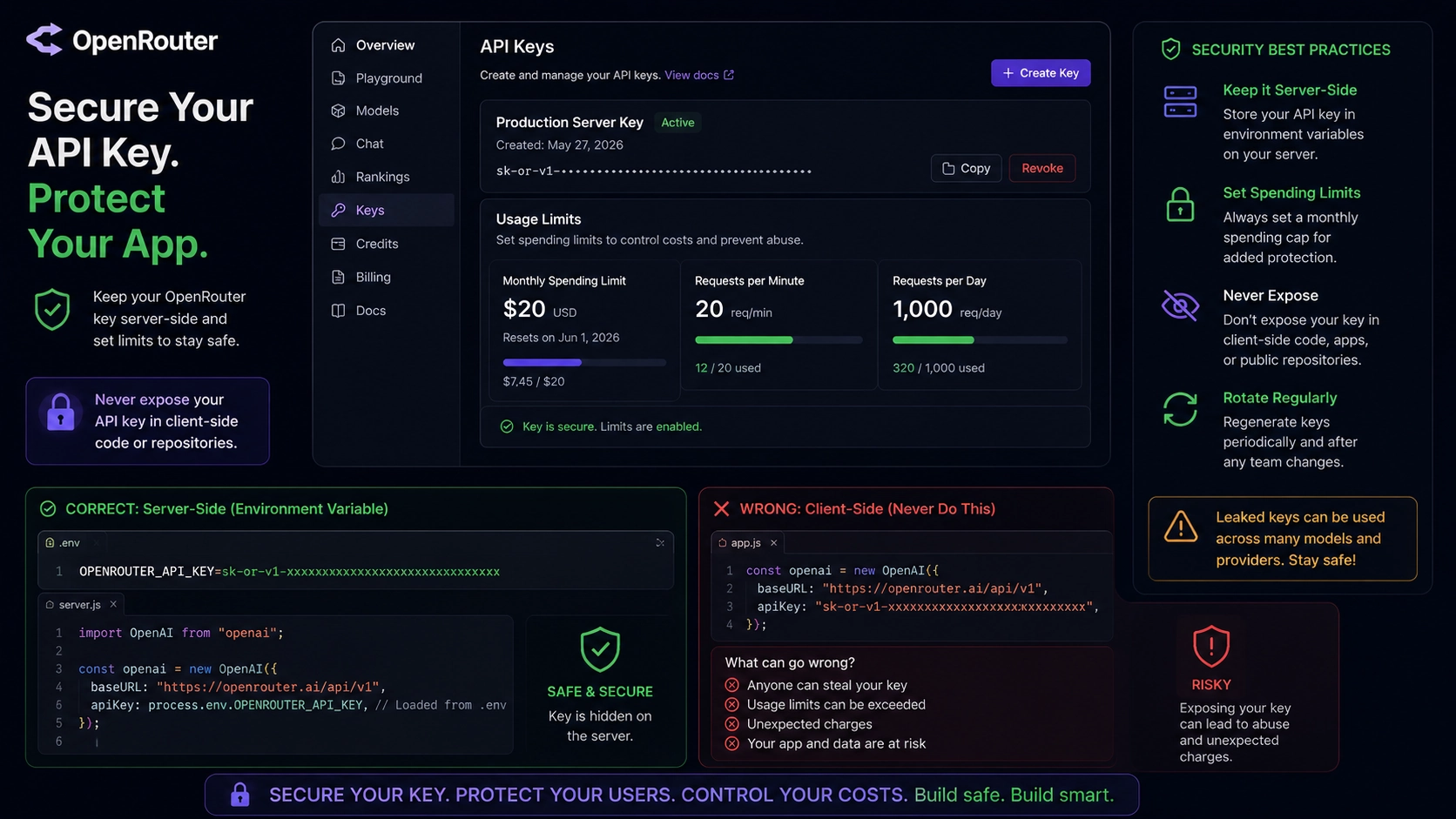 developer setting up OpenRouter API key with environment variables for security