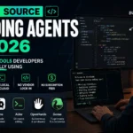 Open source coding agents in 2026 comparison featuring OpenCode, Cline, Aider, OpenHands, and Goose, showing a developer using AI-powered coding tools for software development, automation, and local code generation.