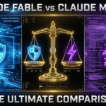Sleek split screen banner comparing enterprise cybersecurity filters of Claude Fable 5 and raw infrastructure of Claude Mythos 5