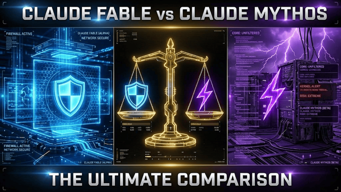 Sleek split screen banner comparing enterprise cybersecurity filters of Claude Fable 5 and raw infrastructure of Claude Mythos 5