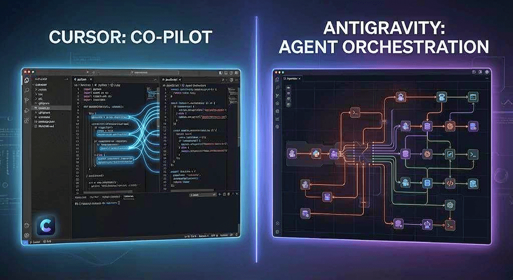 Best AI code editor 2026 concept chart mapping the developer workflow shift from Cursor Composer co-pilot augmentation to Google Antigravity agent delegation.