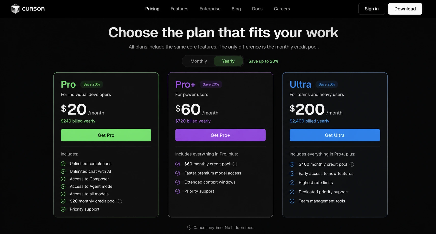 Cursor Pro vs Pro+ vs Ultra pricing page showing all three plans