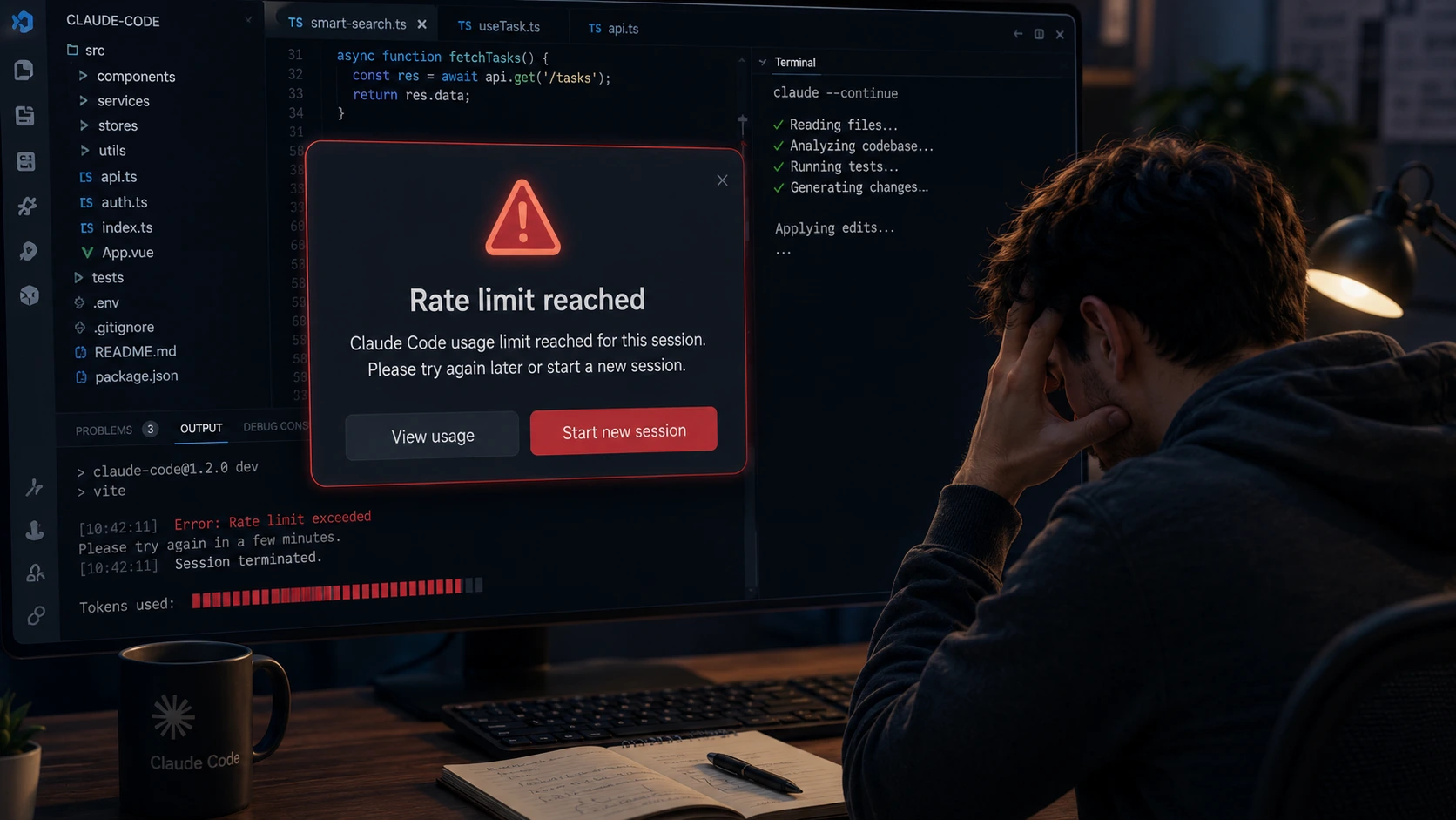 Claude Code rate limit error message developer session stopped
