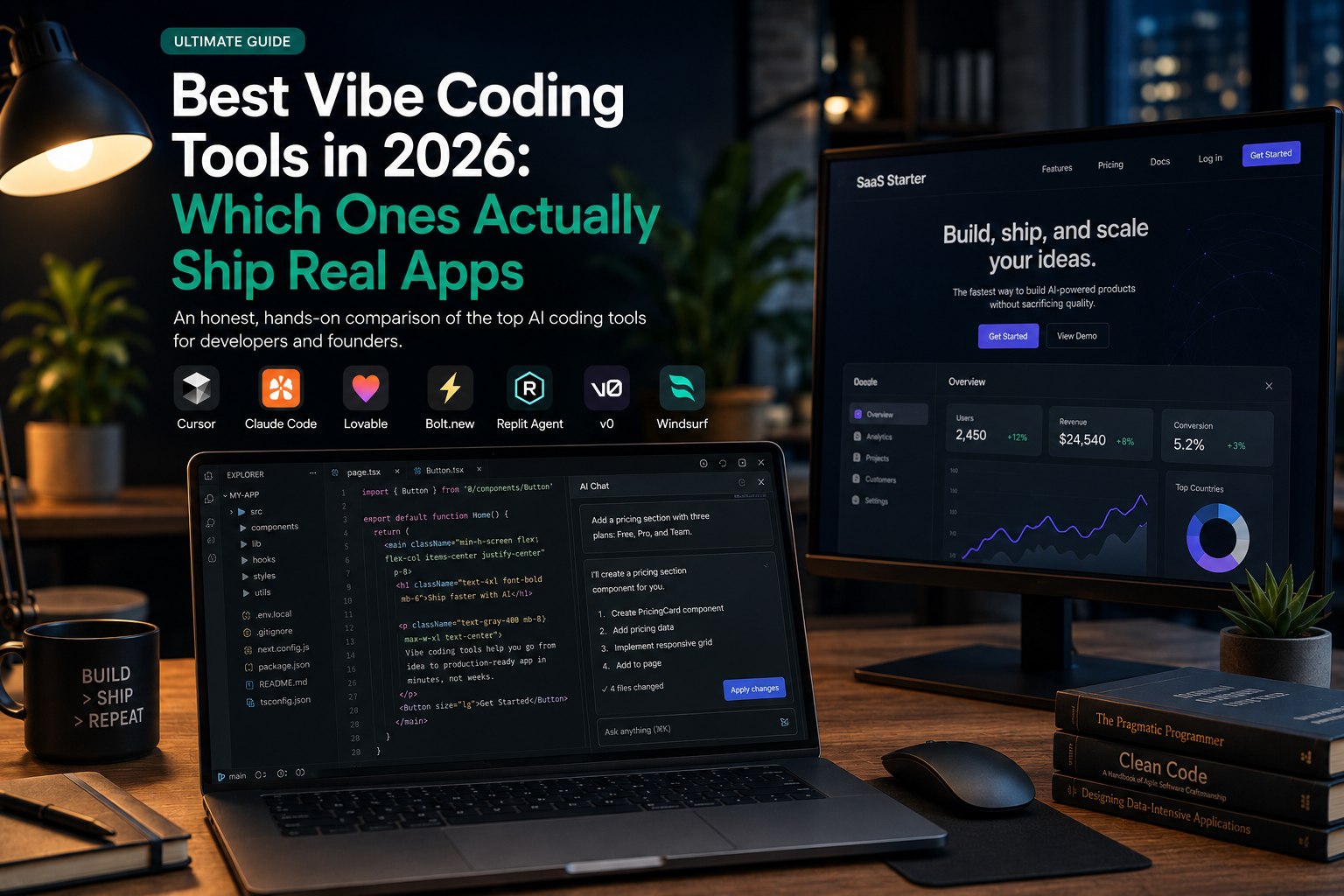 Developer desk with laptop showing an AI coding IDE next to a browser app preview, 2026 tech editorial style