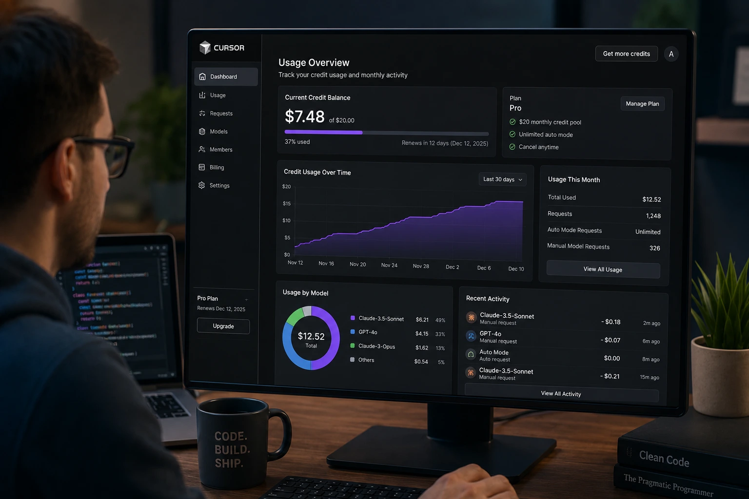 Cursor Pro usage dashboard with credit balance and monthly usage graph