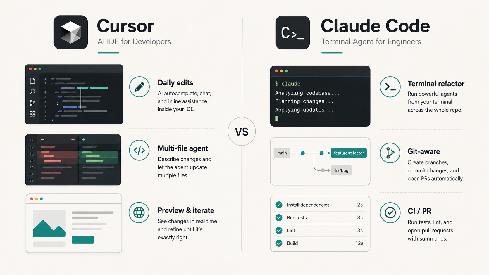 Diagram comparing Cursor AI IDE workflow versus Claude Code terminal agent workflow