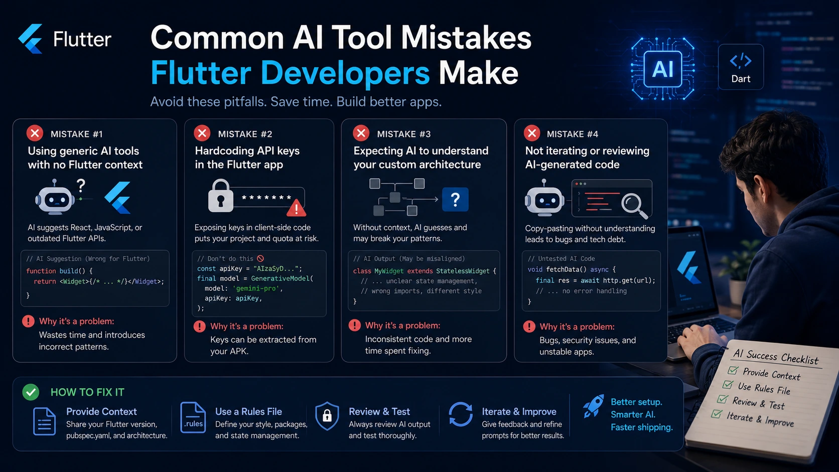 Flutter developer AI tool mistakes API key state management context