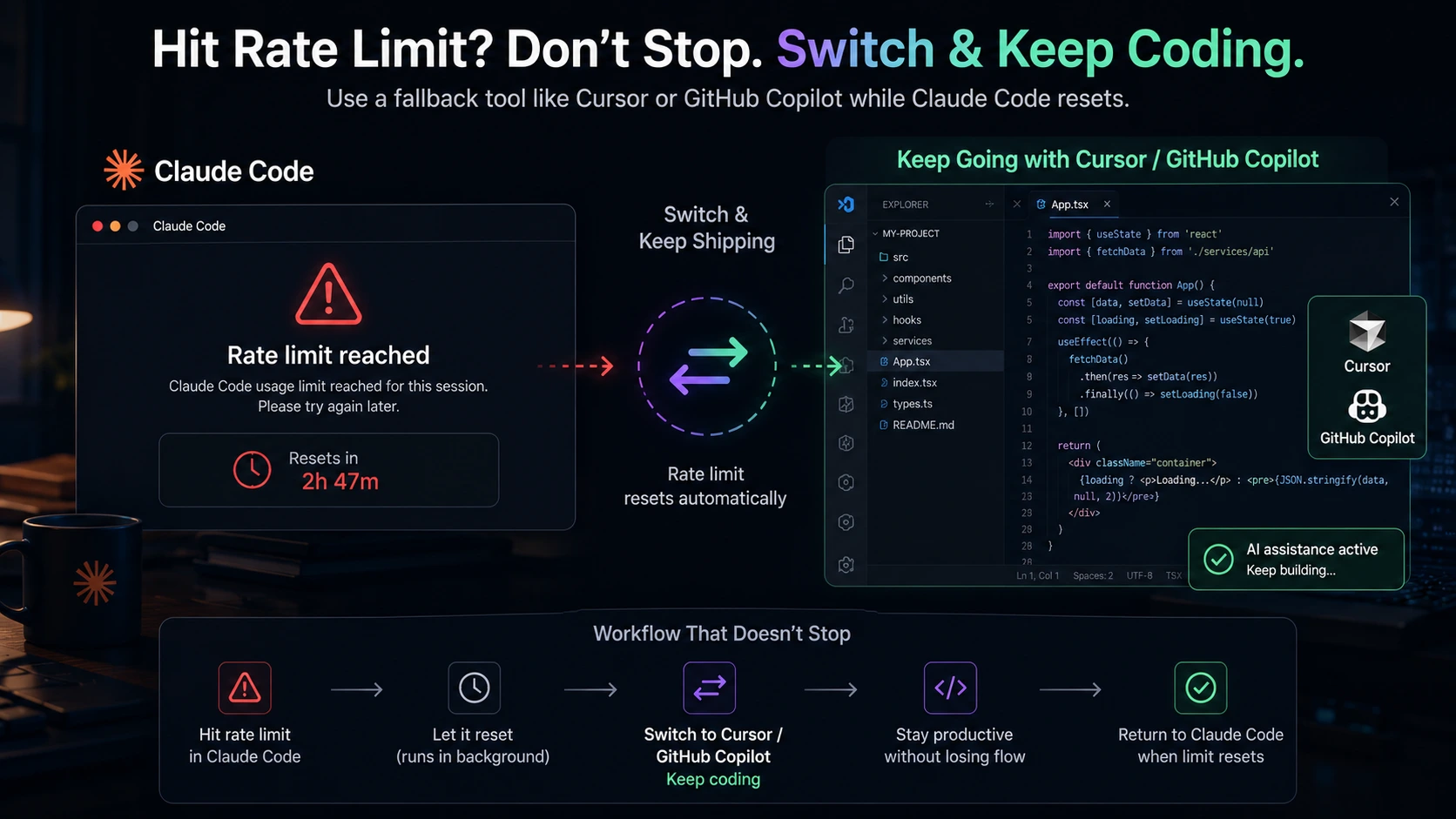 Claude Code rate limit fix fallback tool Cursor GitHub Copilot workflow