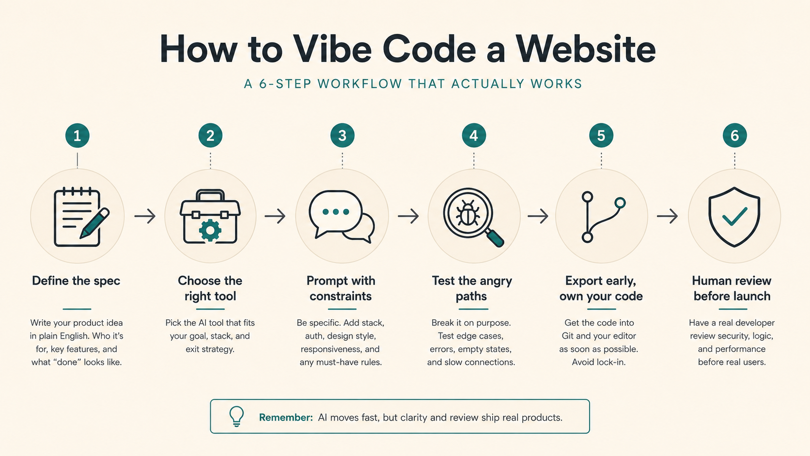 Six-step workflow for how to vibe code a website using AI tools