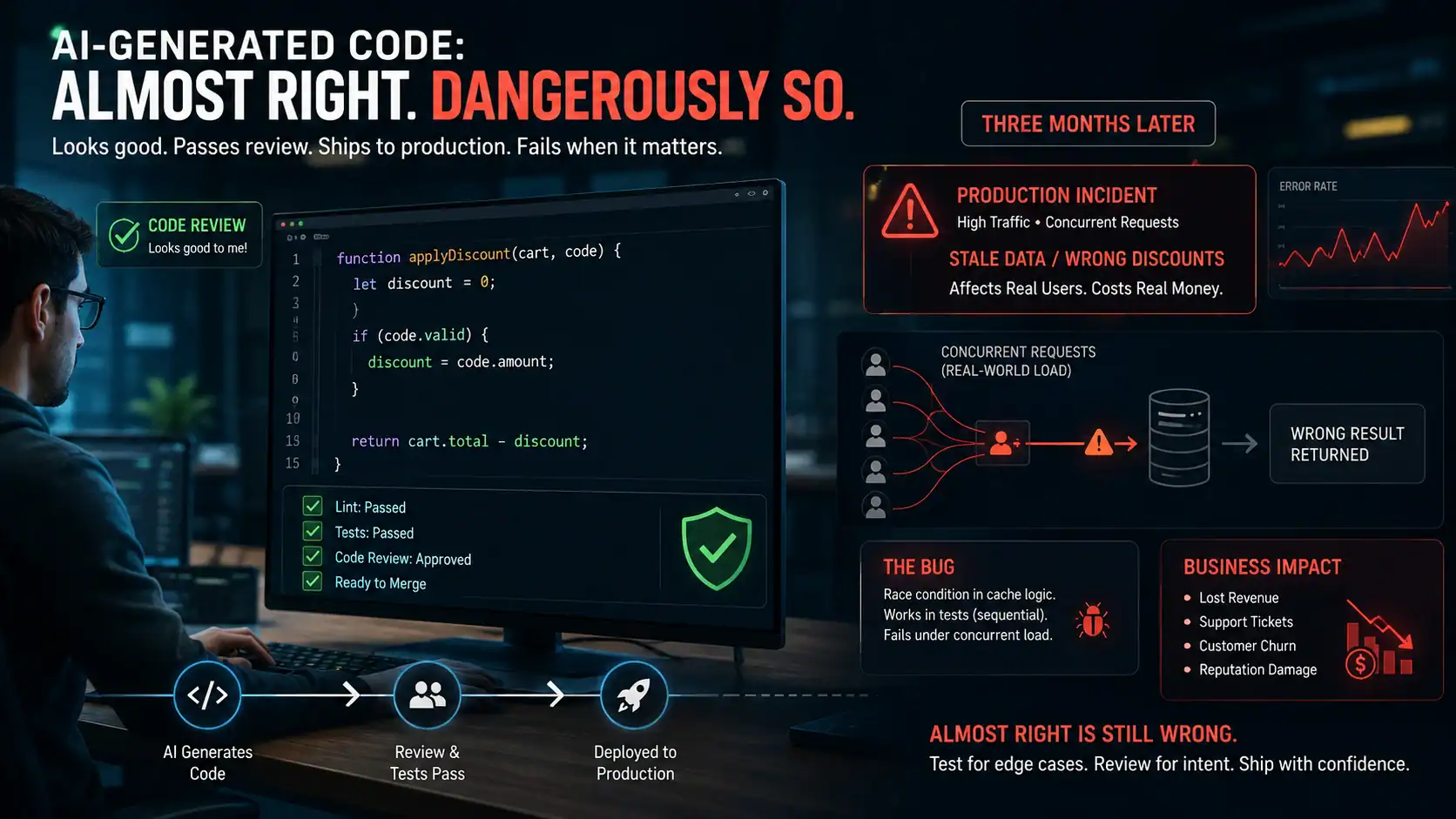 AI generated code almost right bug production failure developer review
