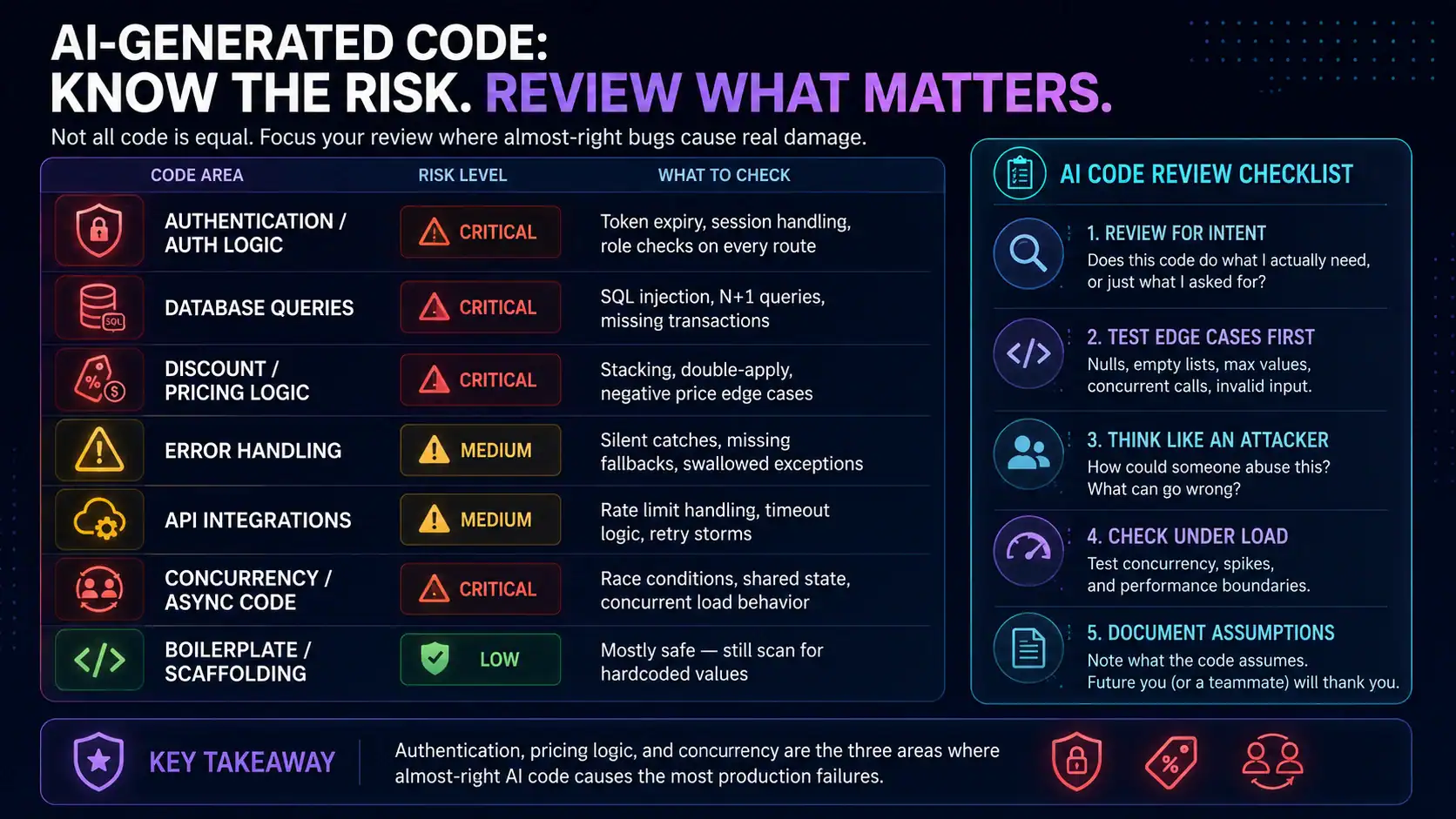 AI generated code risk areas authentication database pricing logic review checklist