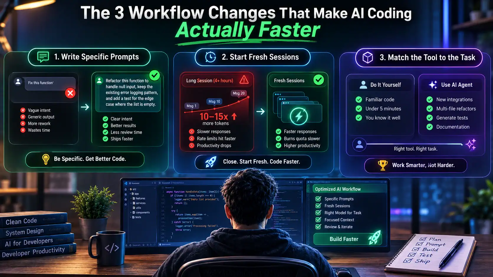 AI coding workflow fix prompt quality session length model selection