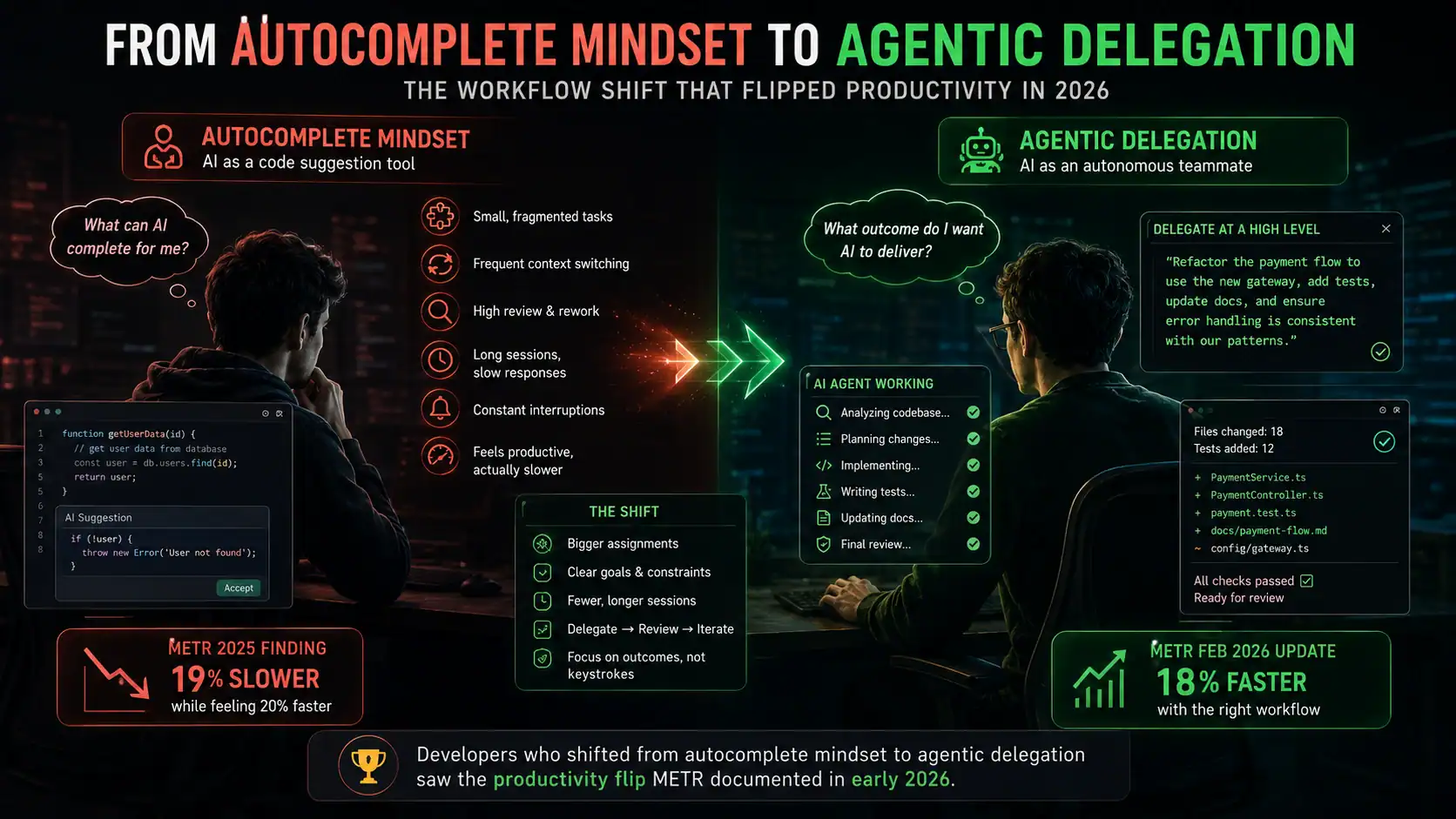 AI coding workflow fix agentic delegation vs autocomplete mindset 2026