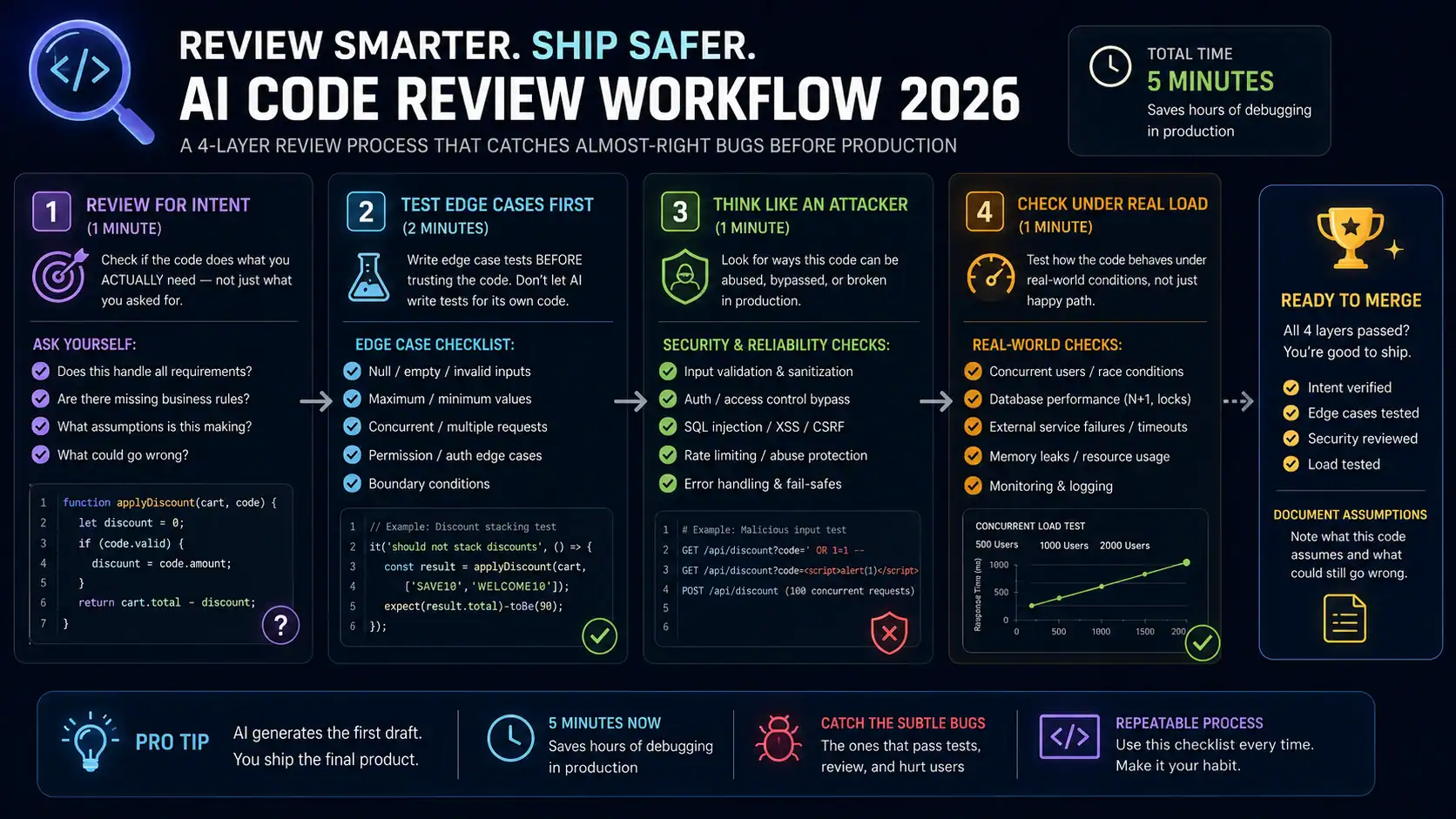 AI generated code review checklist edge cases testing developer workflow 202