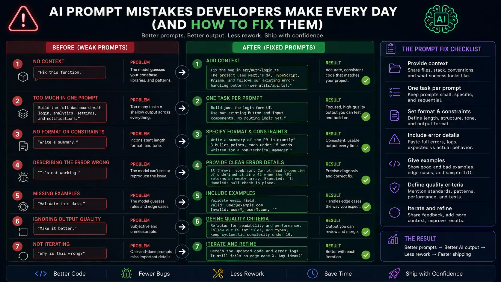 AI prompt mistakes developers before after comparison fix checklist