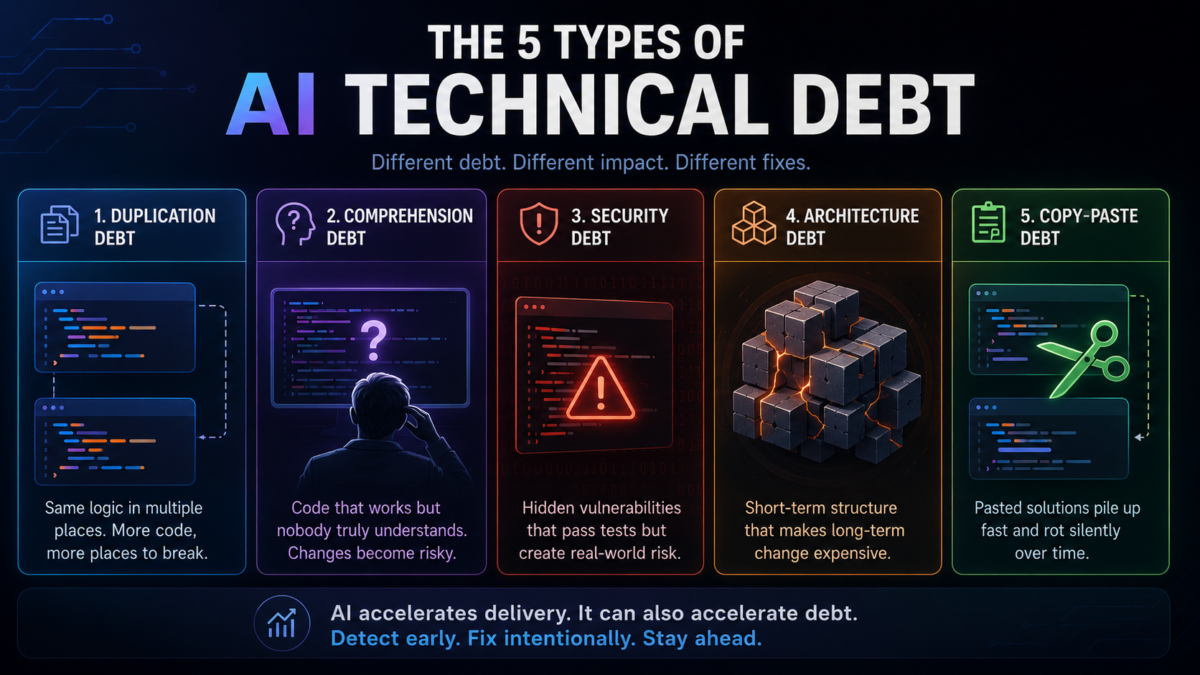 AI technical debt types duplication comprehension security codebase
