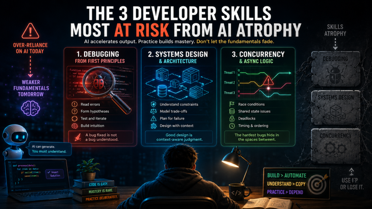 developer skills most at risk from AI atrophy debugging concurrency design