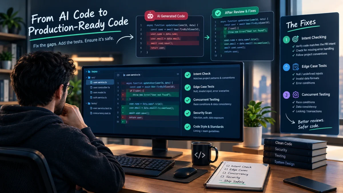 developer fixing AI code review process checklist concurrent testing