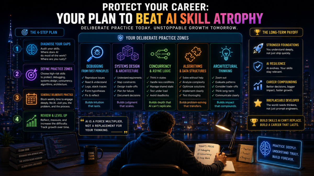 developer career plan protect skills from AI atrophy deliberate practice