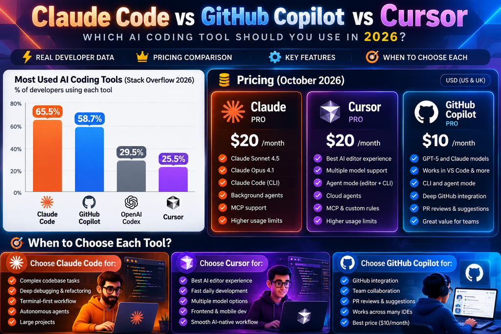 Claude Code vs Cursor price card for October 2026, with GitHub Copilot Pro at 10 dollars