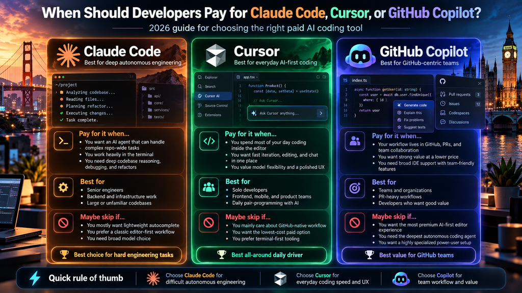 Claude Code vs Cursor three-column chart showing when to add GitHub Copilot in 2026