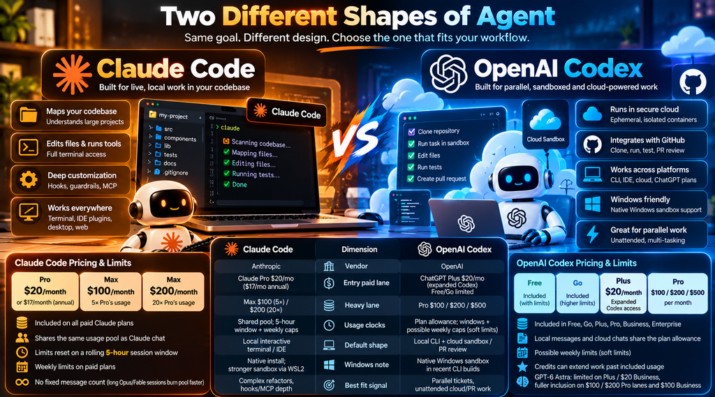 Claude Code vs OpenAI Codex architecture comparison in 2026, showing Claude Code as a local interactive terminal and IDE agent with hooks and MCP, and Codex as a local CLI plus cloud sandbox agent with parallel and PR workflows.