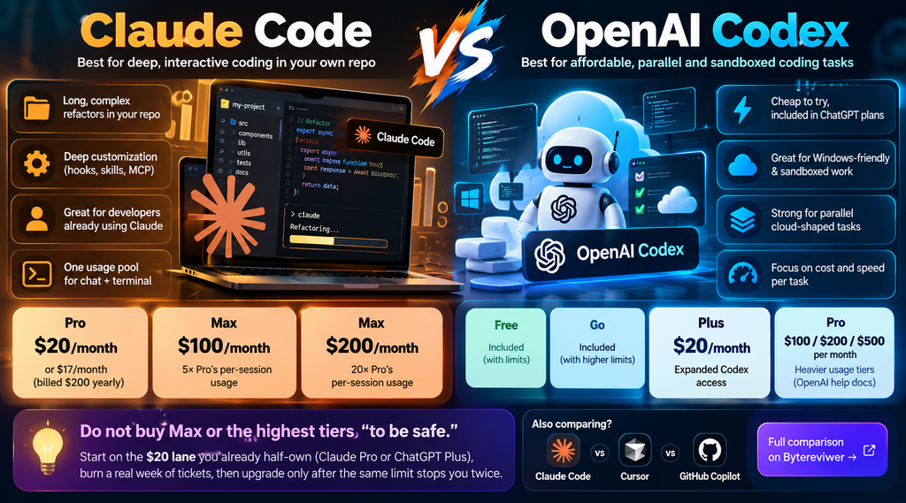 Claude Code vs OpenAI Codex pricing and use cases in 2026, comparing $20 entry plans, higher usage tiers, refactoring, parallel coding agents, and cost per task.