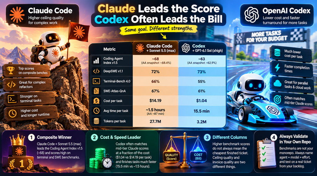 2026 benchmark comparison of Claude Code with Sonnet 5.5 and OpenAI Codex with GPT-6.1 Sol, showing Claude ahead on peak composite coding scores while Codex delivers much lower measured cost and faster task completion