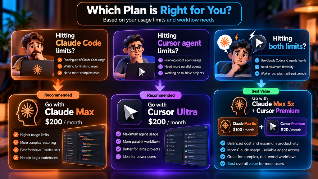 Flowchart choosing Claude Max, Cursor Ultra, or both