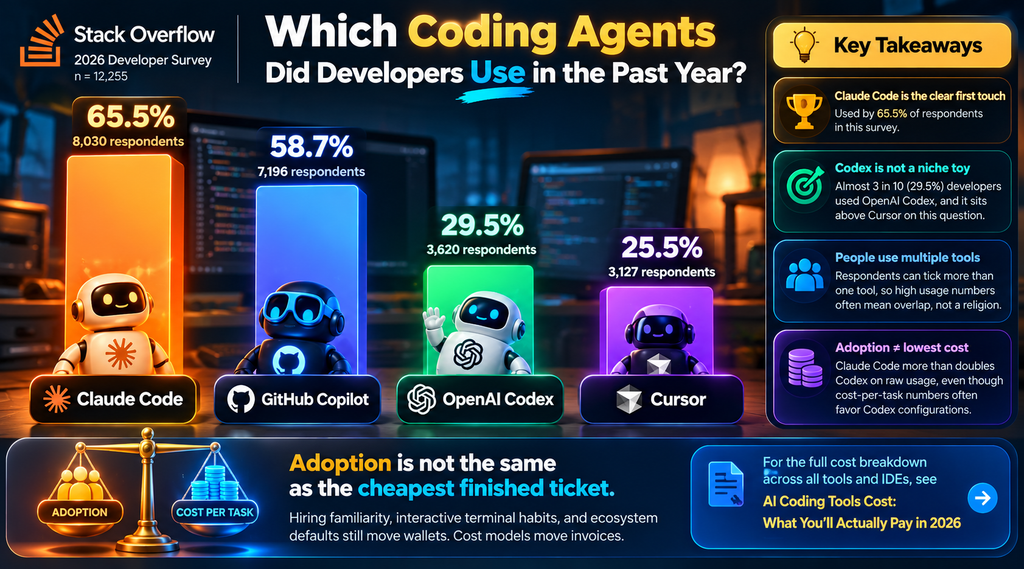 Stack Overflow 2026 coding agent usage comparison showing Claude Code at 65.5%, GitHub Copilot at 58.7%, OpenAI Codex at 29.5%, and Cursor at 25.5%, with a note that respondents could select multiple tools.