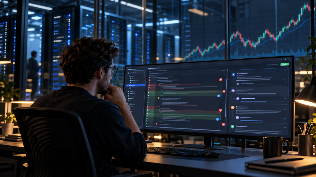 Developer reviewing a pull request while an AI stock chart bends beside data-center racks.

