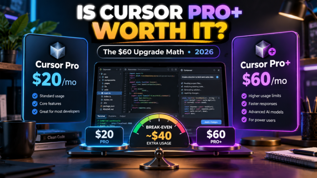 Is Cursor Pro+ worth it in 2026 comparison showing Cursor Pro $20 vs Pro+ $60 with break-even usage math.