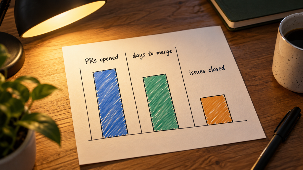 Handwritten scorecard comparing pull requests opened, days to merge, and issues closed.